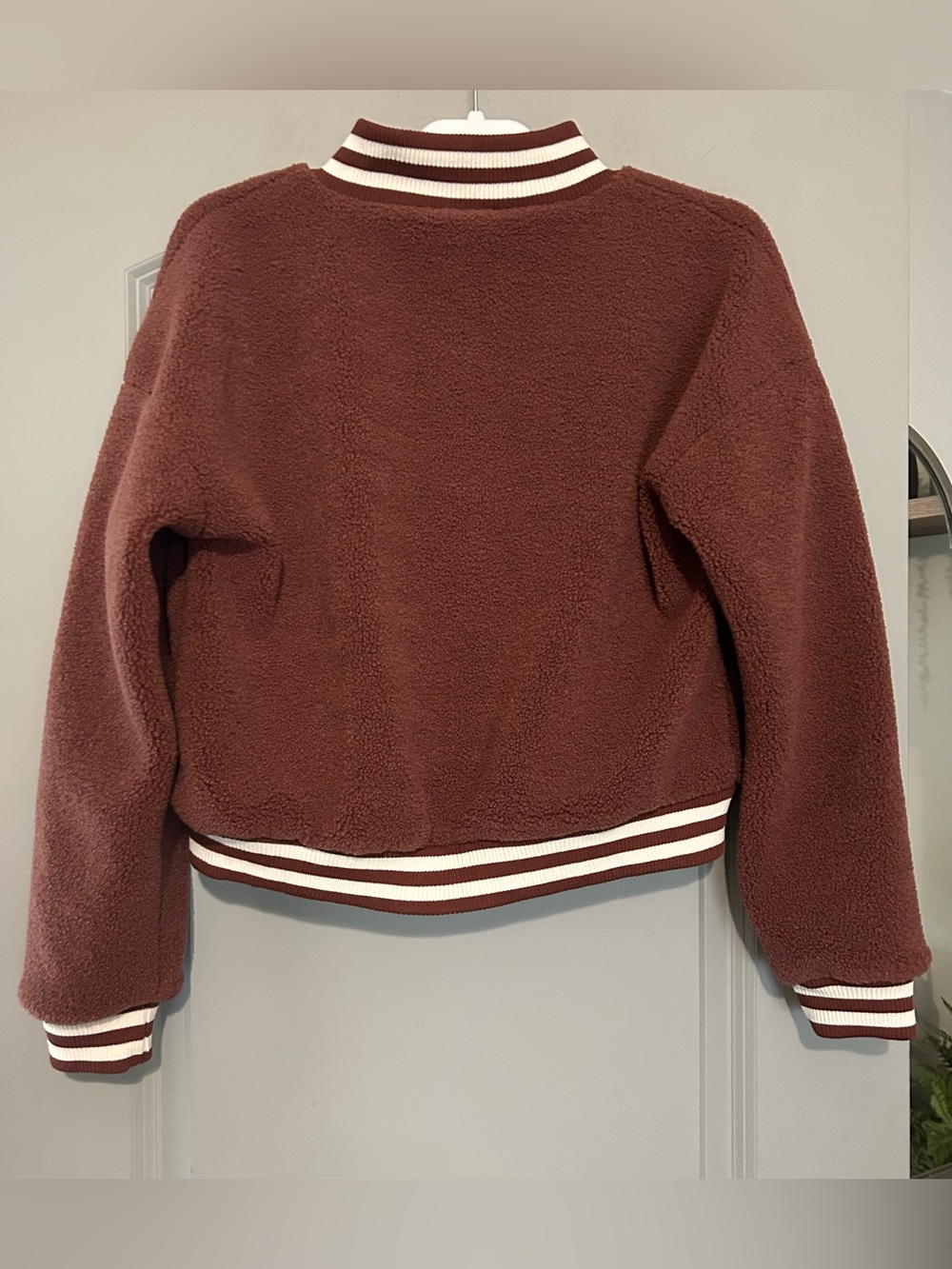 Saltwater Luxe Teddy Sherpa Varsity Bomber Jacket Brown Rust Stripe Trim NWT S - Picture 5 of 5
